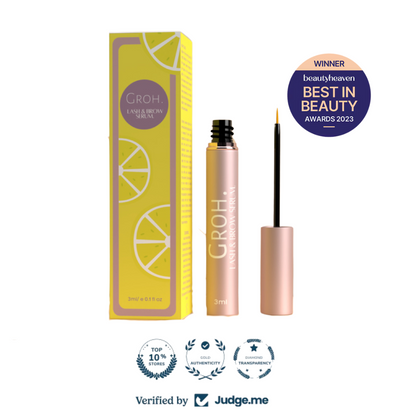 GROH Lash & Brow Serum product display featuring a yellow serum box with citrus design and an open rose-gold applicator tube on a beige luxury podium background.