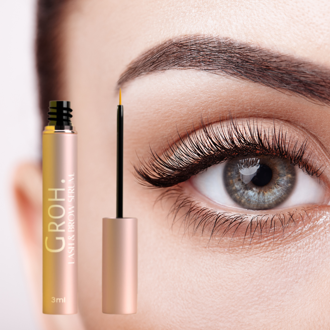 a picture of long lashes with Groh Lash and brow serum.