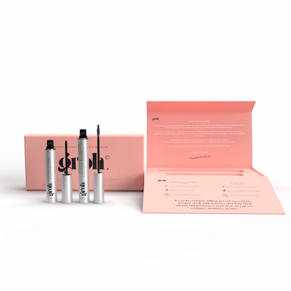Set of Groh  products including mascara and a lash serum on a white background