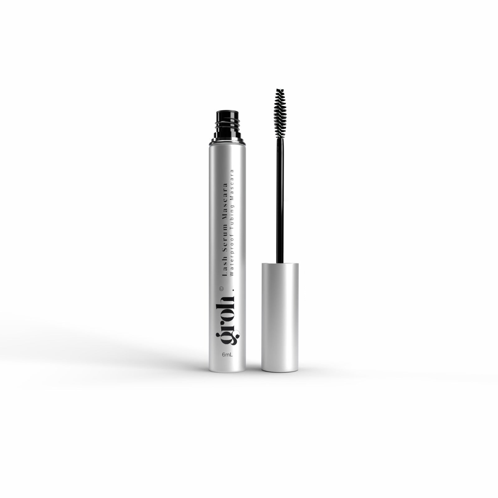 groh Silver mascara tube with black brush on a white background