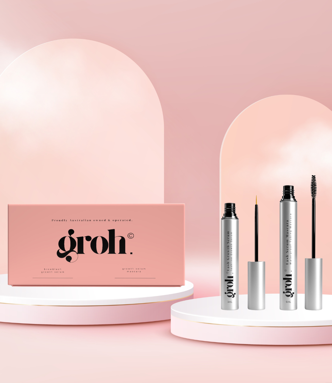 Groh cosmetic products on a pink background